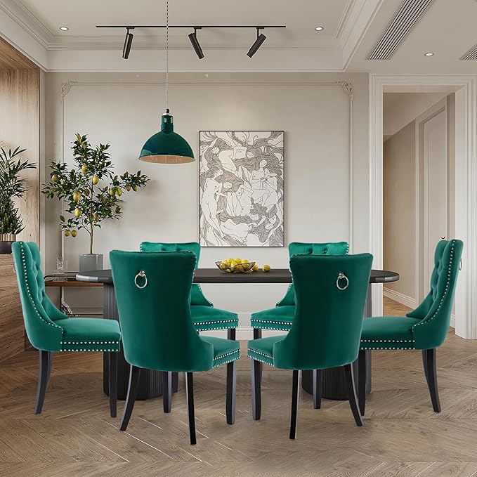 Velvet Upholstered Dining Chairs Set of 6, Modern Style Kitchen Side Chairs with Nailhead Trim and Wood Legs,Metal Pulling Ring for Dining Room Living Room(Green,Set of 6)