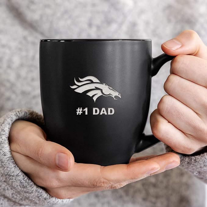 Rico Industries NFL Football #1 Dad 15oz Laser Engraved Matte Black Ceramic Bistro Mug - for Hot or Cold Drinks