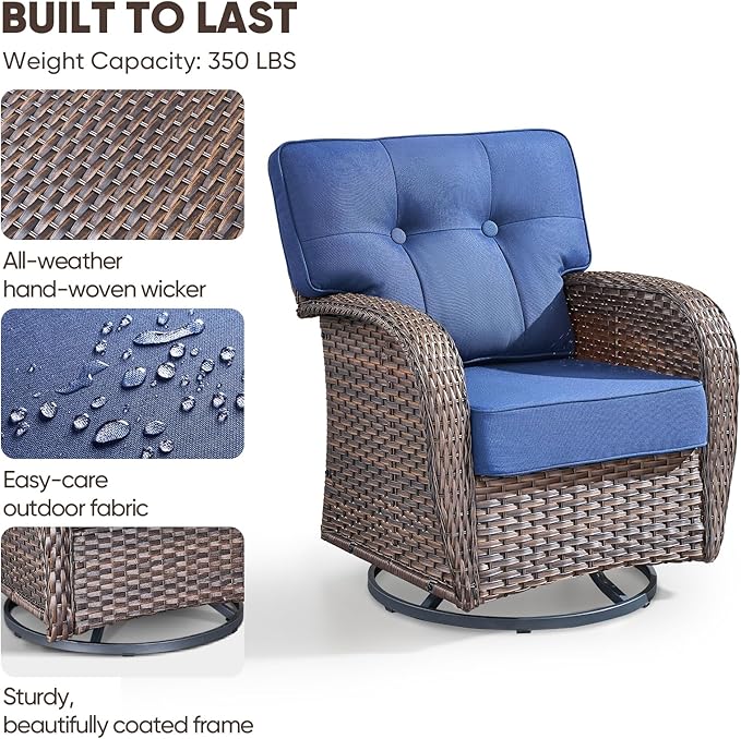 6-Piece Rotating Balcony Chair Set with 31-inch T-Shaped Wide backrest - Rattan Outdoor Rotating Balcony Chairs, Wide backrest Comfortable Outdoor Sliding Chair - Brown | Blue