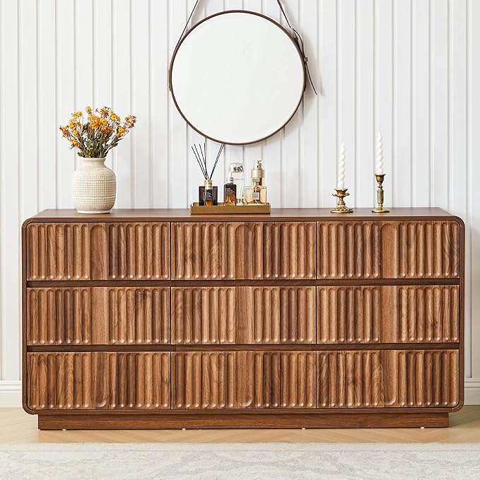 Fluted 9 Drawer Dresser for Bedroom, 60" Wide Modern Chest of Storage Drawers, Wood Dresser & Chest of Drawers with Curved Corners, Dressers TV Stand for Living Room (60" Walnut 9 Drawer)