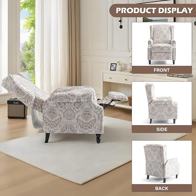 UIXE Recliner Chairs Set of 2, Fabric Upholstered Armchair Pushback Accent Chair for Living Room, Floral Rivet Trim Club Chair Home Theater Single Sofa Bedroom Side Reading Seats - Beige