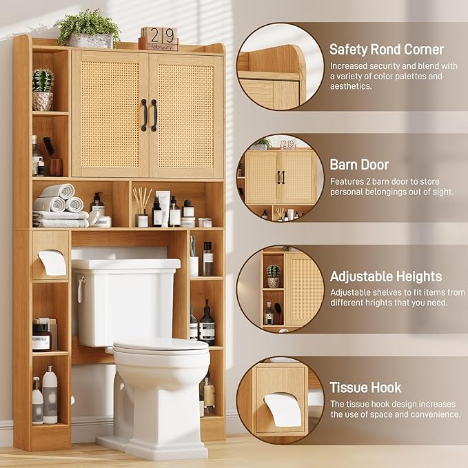 Vabches Farmhouse Style Rattan Over-The-Toilet Storage Cabinet with 2 Rattan Doors, Toilet Paper Holder - Space-Saving Oak Bathroom Organizer.