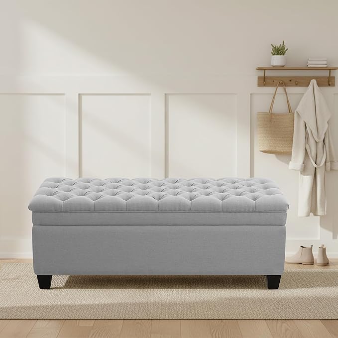 50" Storage Ottoman Bench, Rectangular End of Bed Storage Bench, Upholstered Large Fabric Tufted Ottoman with Storage for Living Room, Bedroom, Entryway,Light Gray