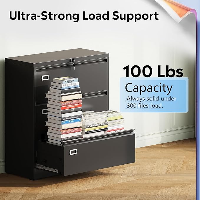 DEVAISE 3 Drawer Lateral File Cabinet with Lock, Metal Filing Cabinets for Home Office, 16" D x 35" W x 40.5" H Wide Storage Organization for Hanging Files Letter/A4/Legal/F4 Size, Black