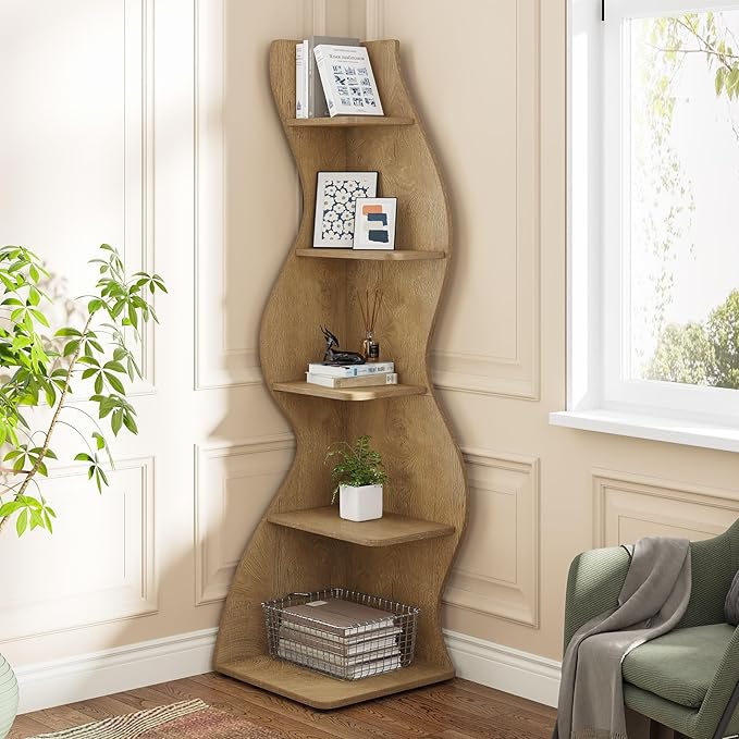 Tribesigns Corner Shelf, Modern 5-Tier Wall Corner Bookshelf, Stylish Corner Small Bookcase Storage Rack Plant Stand with Unique Shape for Living Room, Home Office (Light Brown, 2PCS)