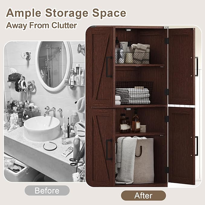 Treocho Bathroom Floor Cabinet, Farmhouse Bathroom Storage Cabinet with Doors and Adjustable Shelves, Freestanding Kitchen Pantry Cabinet, Cupboard for Living Room, Dining Room, Walnut
