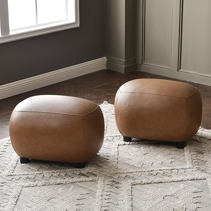 KINWELL 23" Wide Faux Leather Upholstered Ottoman Set of 2, Mid-Century Modern Living Room Footrest with Soft Padded Seat, Footstool for Bedroom, Entryway or Living Room, Camel