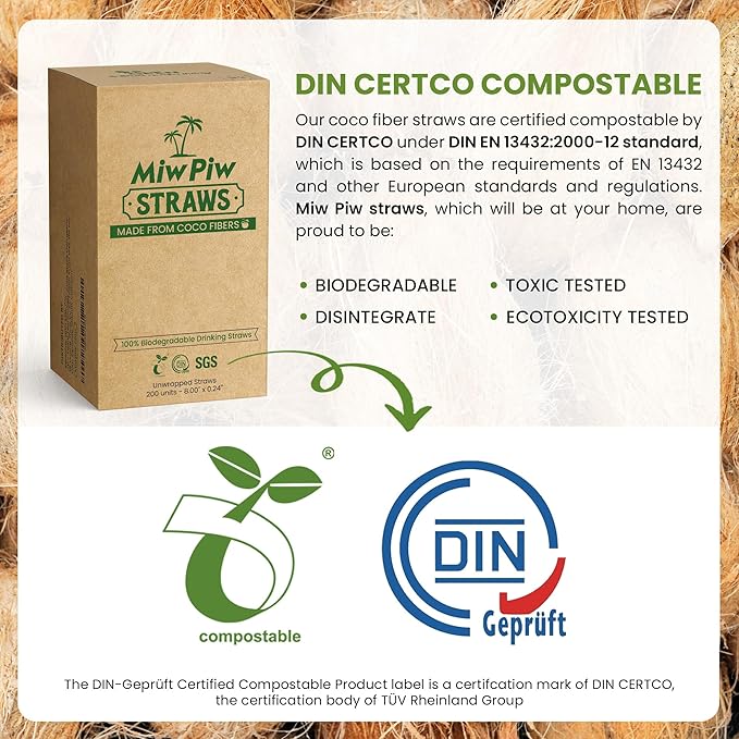 Biodegradable Coconut Straws Set 200 - Disposable, Plastic Free, Ecofriendly Coco Fiber Drinking Straws Bulk for Cold and Hot Beverages, Cocktail and Restaurant