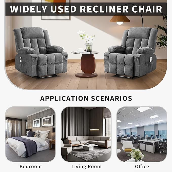Large Recliner Chair, Manual Reclining Sofa with Massage and Heat, Comfy Sofa Chair with 3 Positions, 2 Side Pockets, 2 Front Pockets and 2 Cup Holder