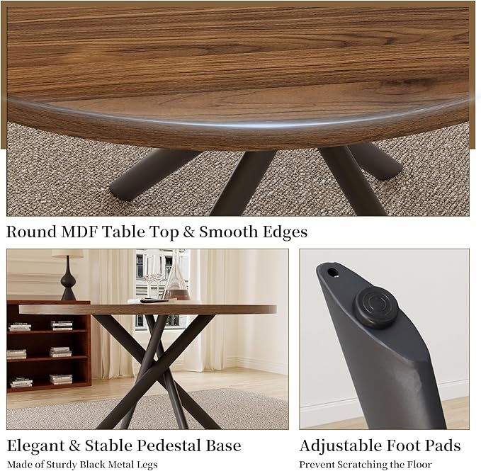 45.3'' Walnut Round Dining Table Set for 4, Mid Century Modern Small Coffee Set for Dining Room Kitchen Apartment (Light Walnut + 4 Black Chairs)