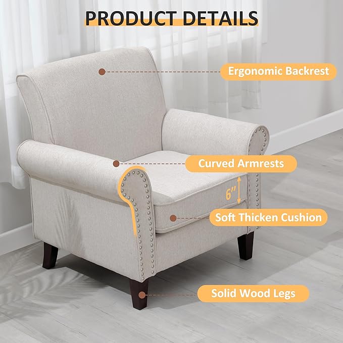 PrimeZone Comfy Accent Chair Set of 2, Mid-Century Modern Fabric Living Room Chair Reading Chair with Soft Cushion, Nailhead Trim & Rolled Armrest, Arm Chair Sofa Chair for Bedroom Waiting Room,Beige