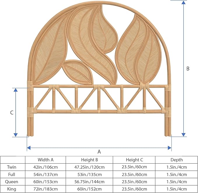 Kouboo Palm Springs Rattan Headboard for Full Size Beds Natural Boho Style with Intricate Palm Leaf Pattern and Arch Perfect for Coastal Beach Bedroom Made from Rattan 54 in Wide from