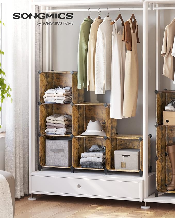 SONGMICS 6 Cube Storage Organizer, Modular Bookshelf, DIY Closet Organizers and Storage, Plastic Stackable Shelves, 14.6 x 13 x 13 Inch Cubes, with Feet and Rubber Mallet, Rustic Brown ULPC206A01
