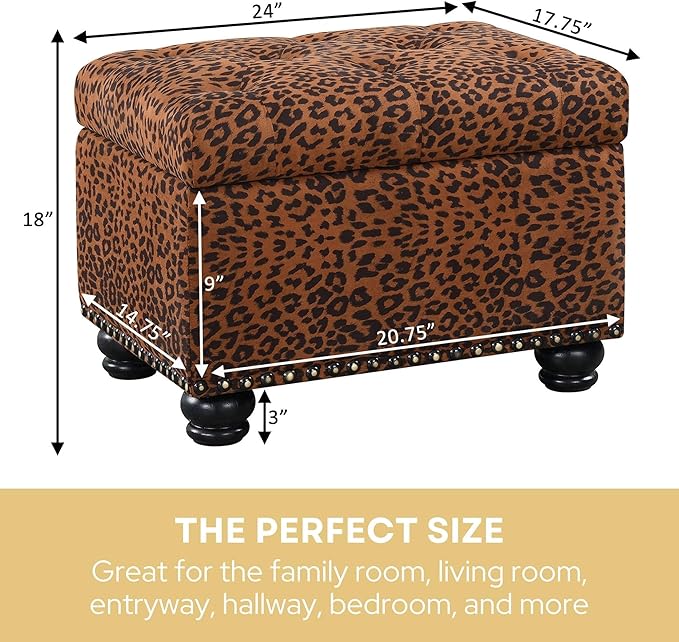 Convenience Concepts Designs4Comfort 5th Avenue Upholstered Storage Ottoman 24" - Contemporary Foot Stool and Seat with Hinged Lid for Living Room, Dining Room, Office, Forest Leopard Print Fabric
