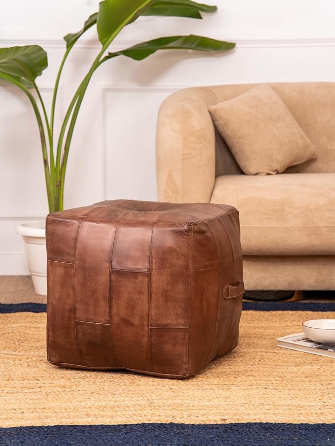 Handmade Eco-Friendly Geometric Leather Pouf Brown Color Square 14" x 14" x 14" Pouf for Living Room, Bedroom Seating, Patio