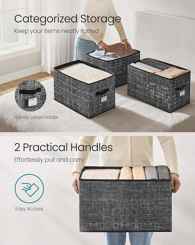 SONGMICS Storage Cubes, 19.7 x 11.8 x 11.8 Inches Non-Woven Fabric Bins with Double Handles, Set of 3, Closet Organizers for Shelves, Foldable, for Clothes, Ink Black UROB450B01