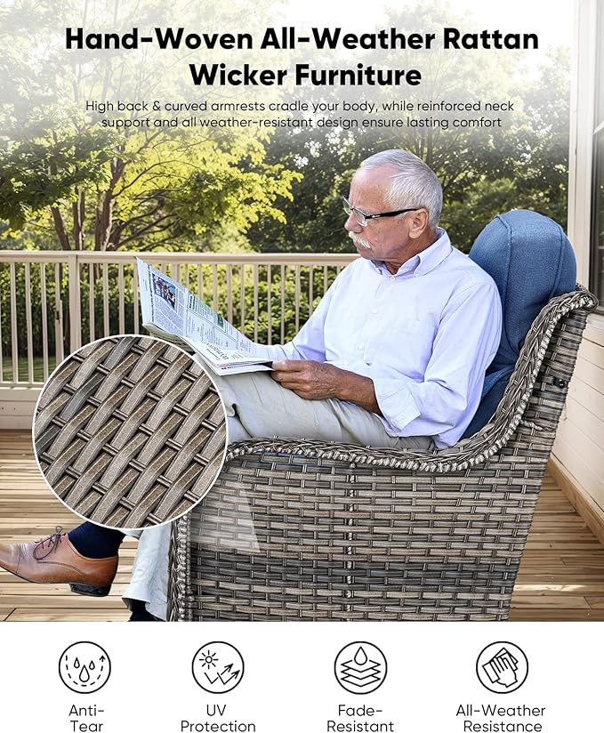 7-Piece Outdoor Wicker Patio Furniture Set with Swivel Glider Chairs, 3-Seat Sofa, Coffee Table & Ottomans 5” Olefin Cushions Ergonomic Neck-Lumbar Backrest All-Weather Rattan for Garden, Deck, Porch