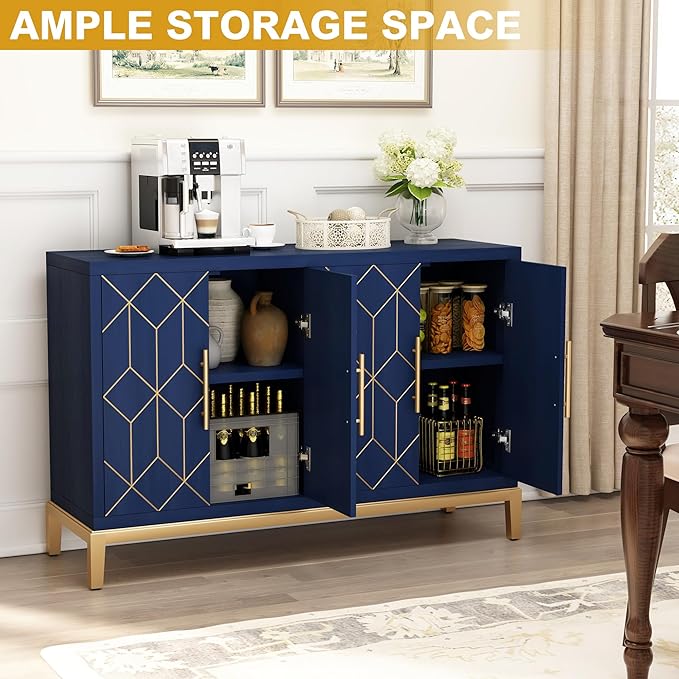 HLR 48" Accent Cabinet with 4 Doors and Shelves, Modern Credenza Storage Cabinet with Gold Trim, Sideboard Buffet for Living Room, Kitchen, Dining Room, Hallway, Blue