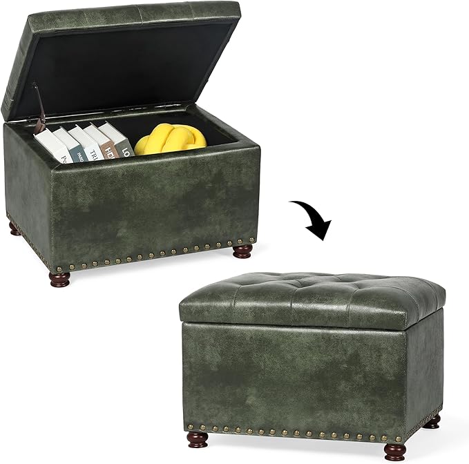 24'' Leather Ottoman with Storage Rectangle Foot Rest Ottomans Stool for Living Room(Green,Leather Texture)