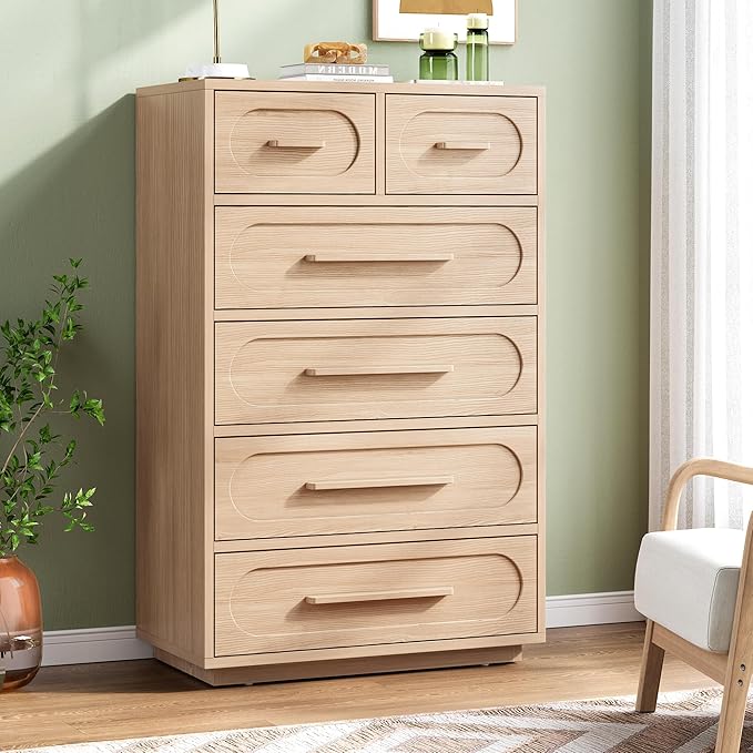 6 Drawer Dresser for Bedroom, 44" Tall Dressers & Chest of Drawers w/Solid Wood Handle, Wood Mid Century Closet Organizers and Storage Cabinet for Bedroom, Living Room, Hallway, Natural Oak