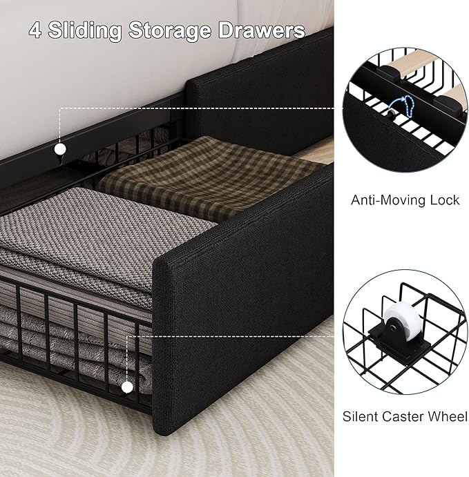 Full Size Upholstered Platform Bed Frame with 4 Storage Drawers and Charging Station, Linen Button Tufted Wingback Headboard, Sturdy Wooden Support Slats, No Box Spring Needed, Black