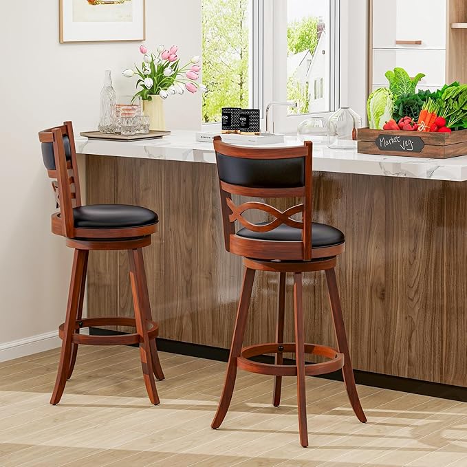 COSTWAY Bar Stools Set of 2, 29.5” Bar Height Stools with Rubber Wood Frame, Faux Leather Upholstered Seat and Backrest, Swivel Barstools for Kitchen Island, Pub, Brown (2, Seat Height: 29.5”)
