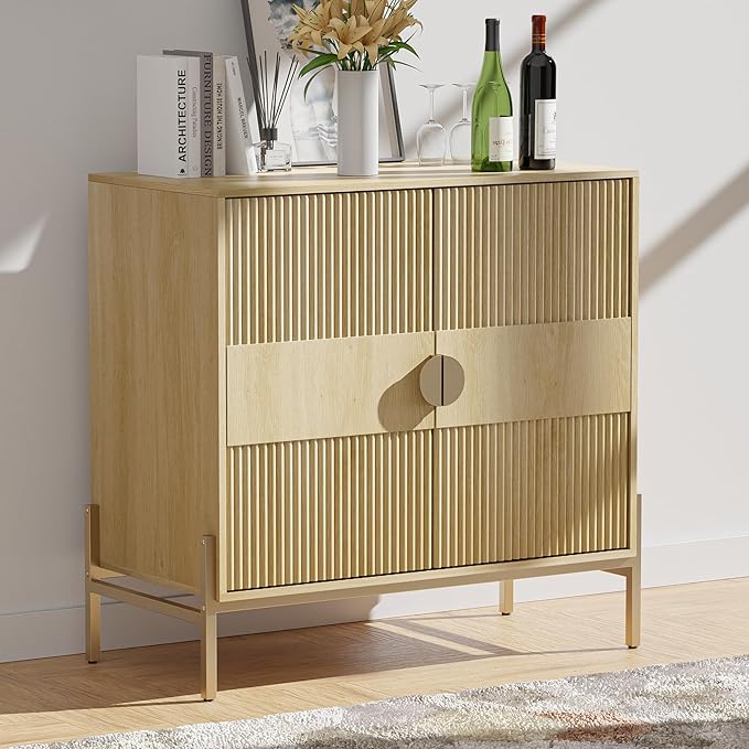 Fluted Sideboard Buffet Cabinet, Modern Credenza with Metal Gold Legs, Wood Accent Sideboard with Storage for Living Room, Dining Room, Kitchen, Entryway(Oak)