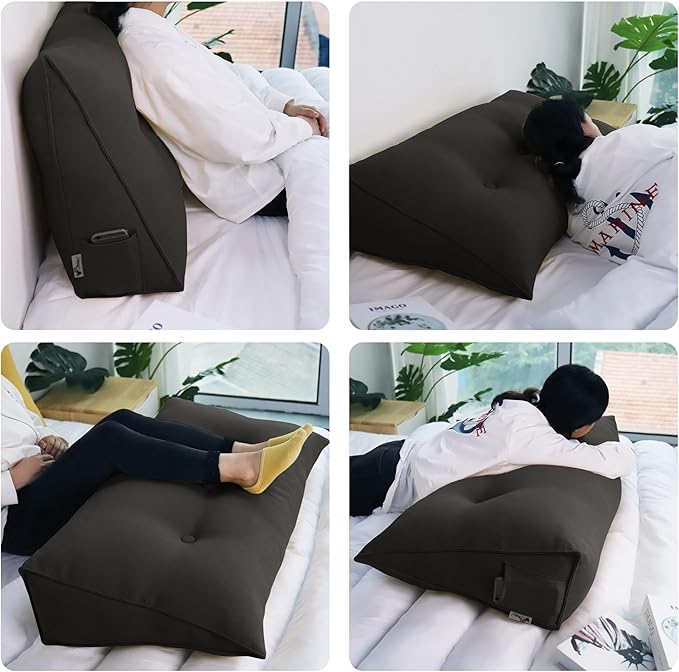WOWMAX 85% Linen 15% Cotton Blend Headboard Pillow – King Size Reading Wedge Backrest for Bed, Handmade Firm Support Bolster Cushion with Removable Cover, Premium Bed Rest Pillow, Deep Gray