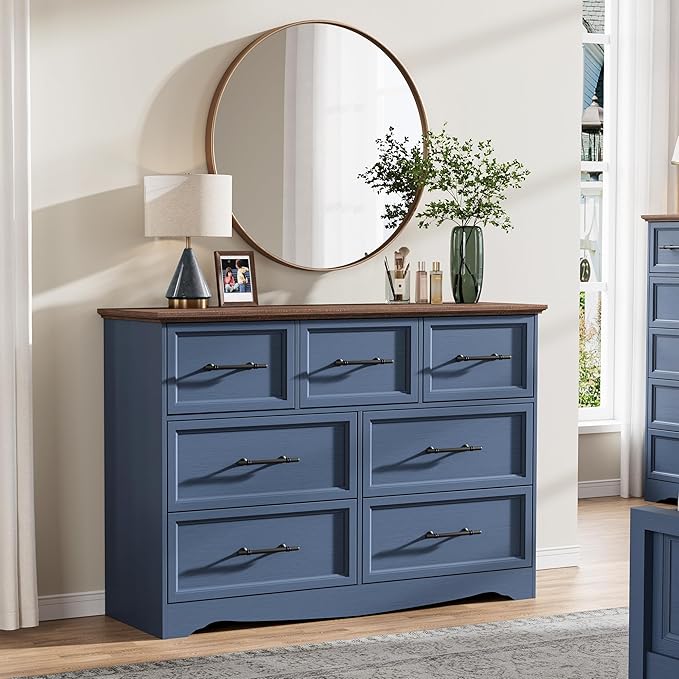 Blue Farmhouse Dresser for Bedroom, Modern 7 Chest of Drawers, 47" Wide Chest of Drawers w/Brushed Metal Handle, Wood Dresser TV Stand and Storage Cabinet for Bedroom, Living Room, Hallway