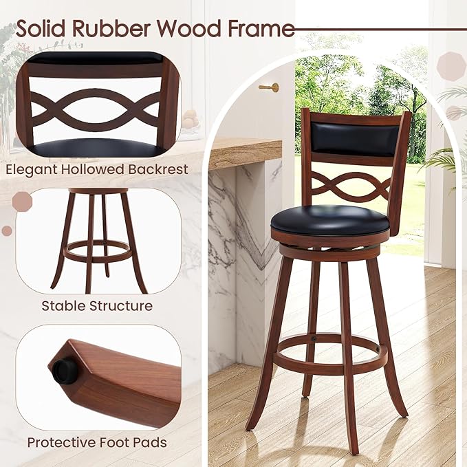COSTWAY Bar Stools Set of 4, 29.5” Bar Height Stools with Rubber Wood Frame, Faux Leather Upholstered Seat and Backrest, Swivel Barstools for Kitchen Island, Pub, Brown (4, Seat Height: 29.5”)