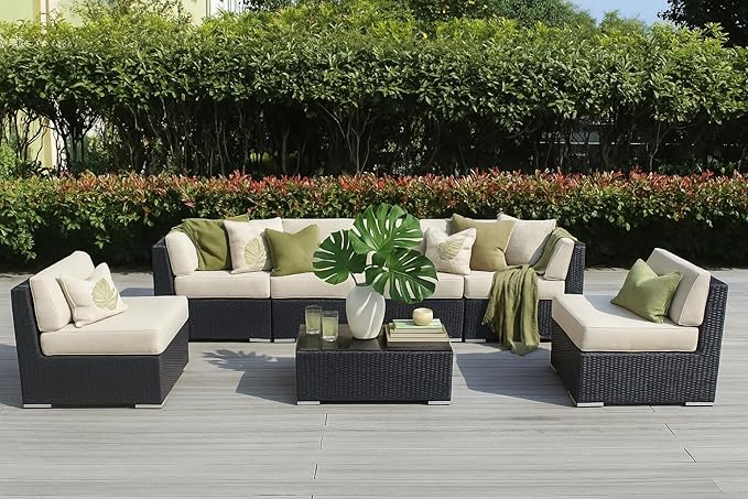 Outdoor Patio Furniture with 6-inch Thick Rainshield Cushions, No-Assembly 7-Piece All-Weather Wicker Sectional Set (Sunbrella Coal)