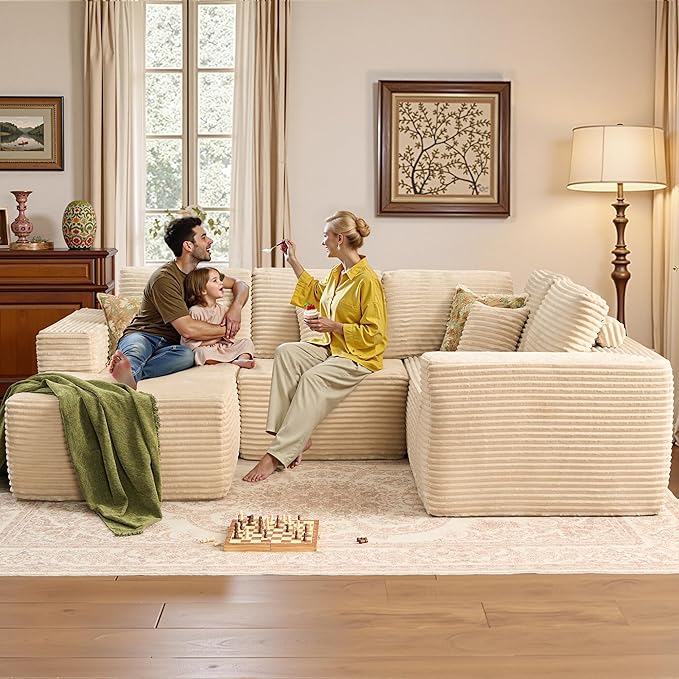 Weaxty Cloud Sectional Couch for Living Room, Oversized U Shaped Boneless Couches with Chaise, Plush Corduroy Memory Foam Deep Seat Floor Sofa, No Assembly Required，Beige