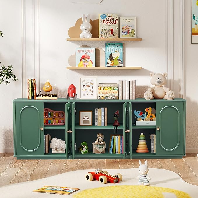 63'' Fluted Sideboard Buffet Cabinet with Storage and 6 Doors, Low Storage Cabinet Modern Wooden Accent Credenza Console Table for Kitchen Dining Living Room Entryway, (63"W*15.75"D*21.4"H) Green