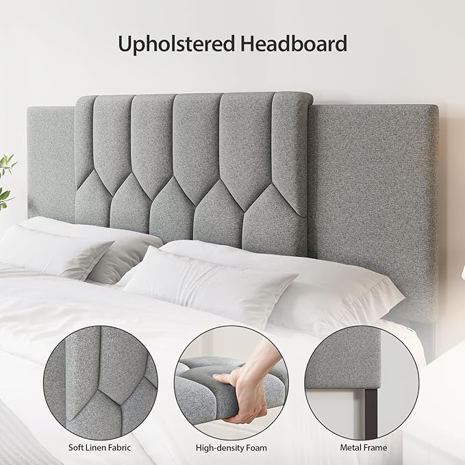 Upholstered Tufted Headboard, 3 in 1 Headboard for Full/Queen/King Size Bed, Height & Width Adjustable Head Boards, Attach Frame, Study & Comfortable, Ideal for Bedroom, Dorm, Guest Room, Grey