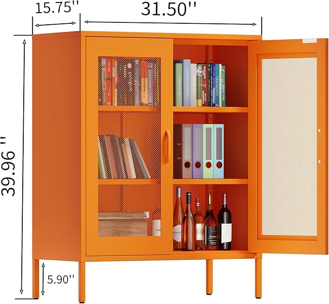 Orange Metal Storage Cabinet with Mesh Doors, Small Office Cabinet with 2 Adjustable Shelves, Accent Metal Locker Storage Cabinet for Home, Office, Living Room, Hallway
