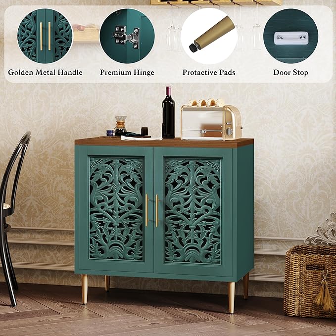 ARTPOWER Accent Cabinet with 2 Doors, Vintage Hollow Carving Buffet Cabinet, Sideboards and Buffets with Storage, Credenza for Living Room, Kitchen, Dining Room, Entryway, Hallway, Green