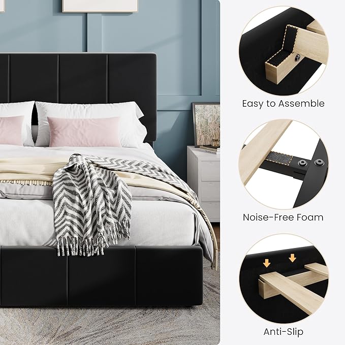 SHA CERLIN Queen Bed Frame, Dutch Velvet Upholstered Platform Bed, Vertical Channel Tufted Adjustable Headboard, Low Profile Bed Frame, No Box Spring Needed, Easy Assembly, Black