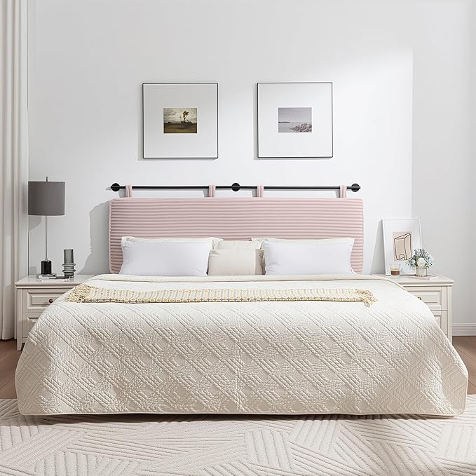 UEV Queen Headboard Only, Wall Mounted Hanging Upholstered Bed Head Board, Modern Vertical Channel Design of Fine Flannel, Elegant Pink Fluted Headboard for Bedroom (Pink, Queen Size)