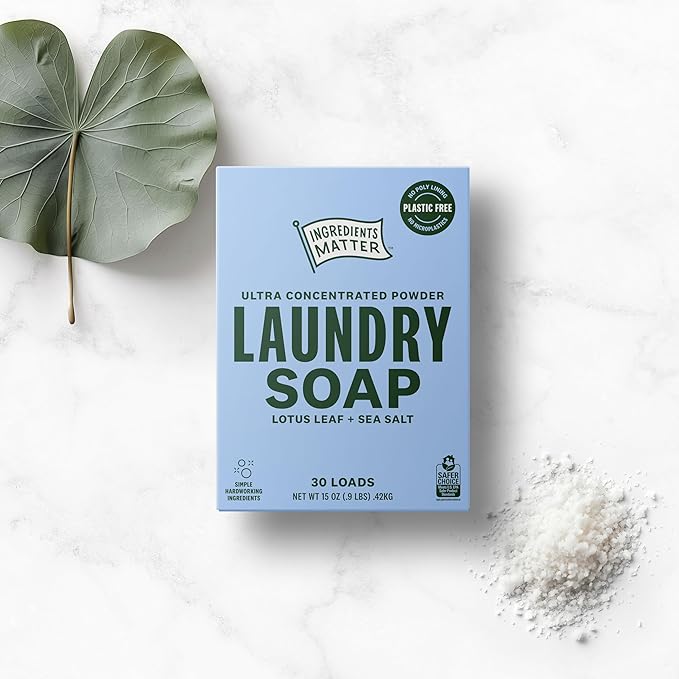 Ingredients Matter Powder Laundry Soap - Lotus Leaf + Sea Salt Scent, Hypoallergenic Detergent, Natural & Eco-Friendly, Plastic Free, Natural Essential Oils & Dermatologist Tested - 15 oz, 30 Loads