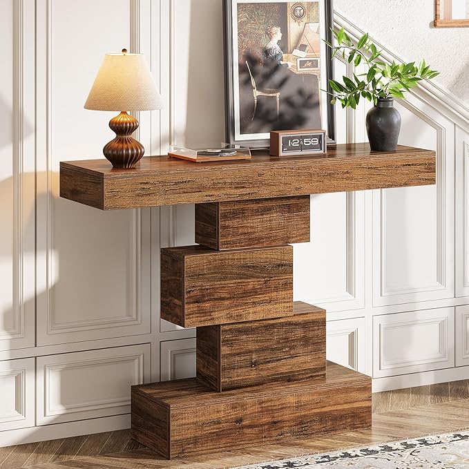 Tribesigns 42.5" Farmhouse Console Table, Narrow Wood Sofa Table Behind Couch with Geometric Base, Industrial Entryway Accent Table for Living Room, Hallway, Entrance (Rustic Brown)