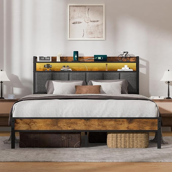 Z-hom Queen Bed Frames, Queen Bed Frame with 2-Tier Storage Upholstered Headboard, Metal Platform with USB Charging Station & LED Lights, Noise Free, No Box Spring Needed, Easy Assembly, Vintage Brown