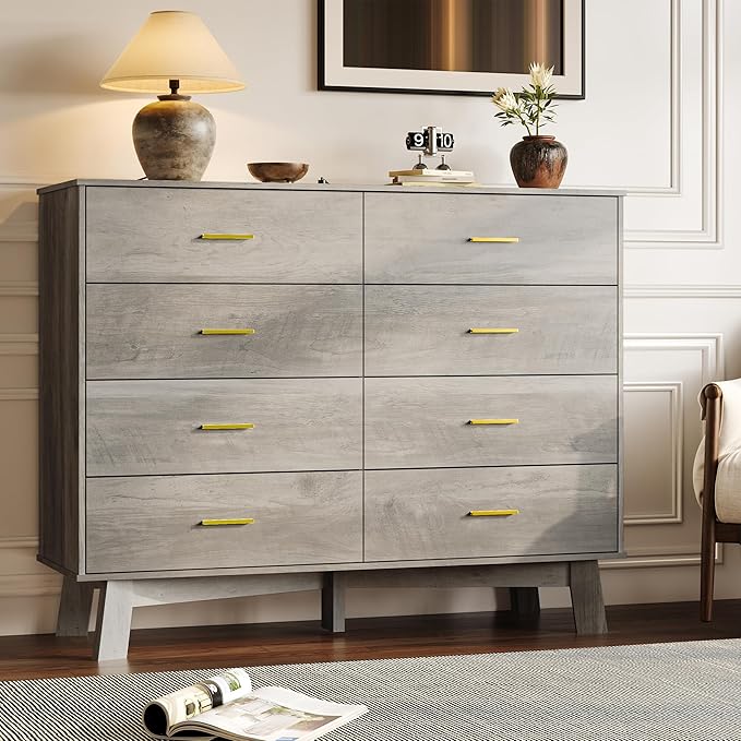 Dresser for Bedroom with 8-Drawer, 37" Tall Modern Chest of Drawers with Metal Handles, X-Shape Base & Adjustable Center Leg, Anti-Tip Closet Organizers and Storage