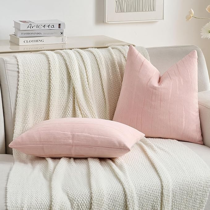 FUTEI Pink Chenille Decorative Throw Pillow Covers 22x22 Inch Set of 2,Soft Embossed Striped Textured Cushion Case,Modern Home Decor for Couch Bed Living Room