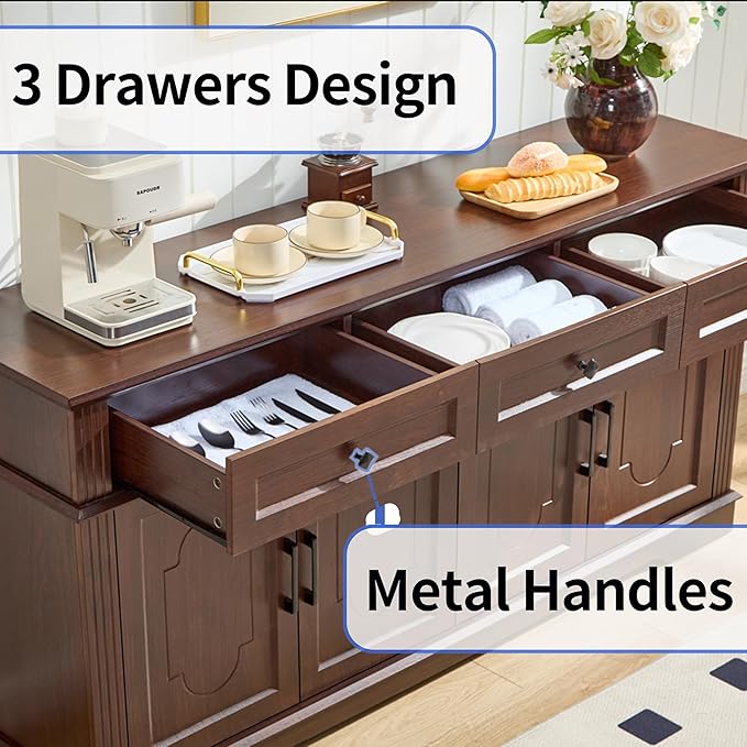 63" Buffet Sideboard Cabinet with 4 Doors and 3 Drawers, Modern Farmhouse Kitchen Storage Cabinet, Coffee Bar Cabinet with Adjustable Shelves, Kitchen Living Room Storage, Dining Room Cherry
