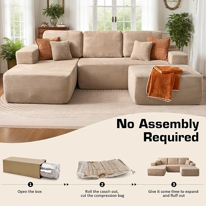 106" Cloud Sectional Couch with L-Shape Chaise & Ottoman, No Assembly Modular Sofa, Deep Seat Corduroy Boneless Couched for Living Room (Camel Stripe Corduroy, Left Facing Chaise with Ottoman)