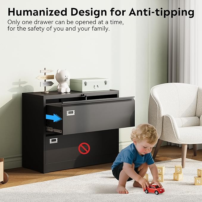 DEVAISE Metal Lateral File Cabinet with Lock, 2 Drawer Filing Cabinets for Home Office, 16" D x 35" W x 29" H Wide Storage Organization for Hanging Files Letter/A4/Legal/F4 Size, Black