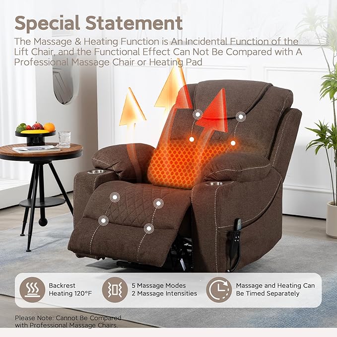 Oversized Lazy Boy Recliner Chair, 2 Motor Leather Recliner, Nursing Lift Chair with Massage and Lumbar Heating, Functional Adult Power Recliner with Cup Holders