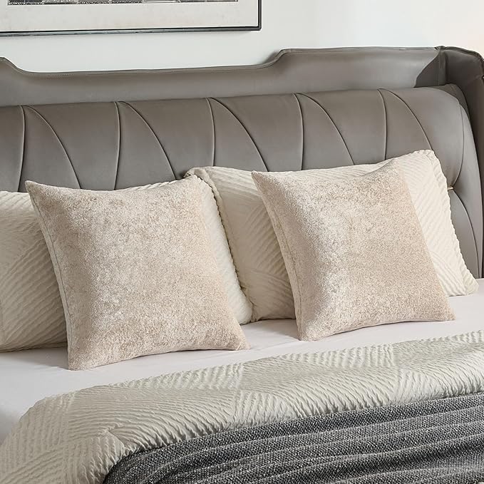 FUTEI Beige Flannel Throw Pillow Covers 24x24 Inch Set of 2,Soft Dimensional Textured European Cushion Cases,Modern Home Decor for Couch Living Room