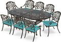 MEETWARM 9-Piece Outdoor Patio Dining Set, 8 Outdoor Dining Cushioned Chairs and 1 Oval Table with 2" Umbrella Hole, All Weather Cast Aluminum Patio Funiture Set for Backyard, Ocean Blue