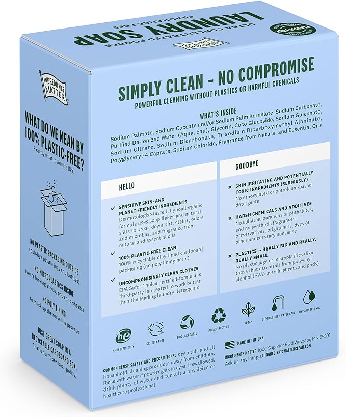 Ingredients Matter Powder Laundry Soap - Lotus Leaf + Sea Salt Scent, Hypoallergenic Detergent, Natural & Eco-Friendly, Plastic Free, Natural Essential Oils & Dermatologist Tested - 30 oz, 60 Loads